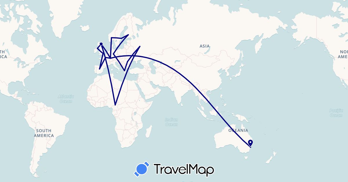 TravelMap itinerary: driving in Australia, Cameroon, Germany, Spain, Finland, France, United Kingdom, Greece, Norway, Romania, Russia, Sweden (Africa, Europe, Oceania)